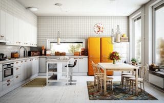 fall kitchen space with orange fridge, fall decor, white floor and wall